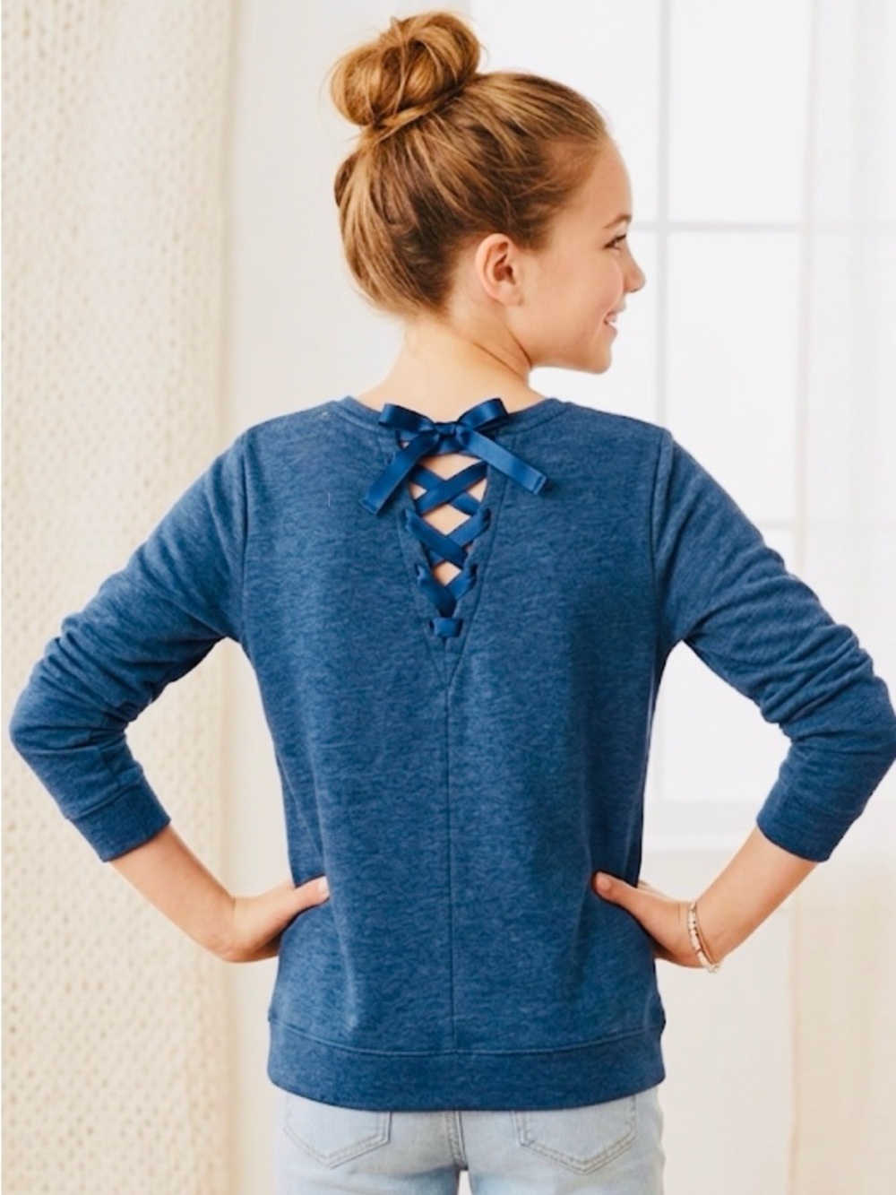 PLACE Girls Blue Sweatshirt w Velvet 'Smart Girls Rule' Graphic & Lace-Up Back - Picture 5 of 12